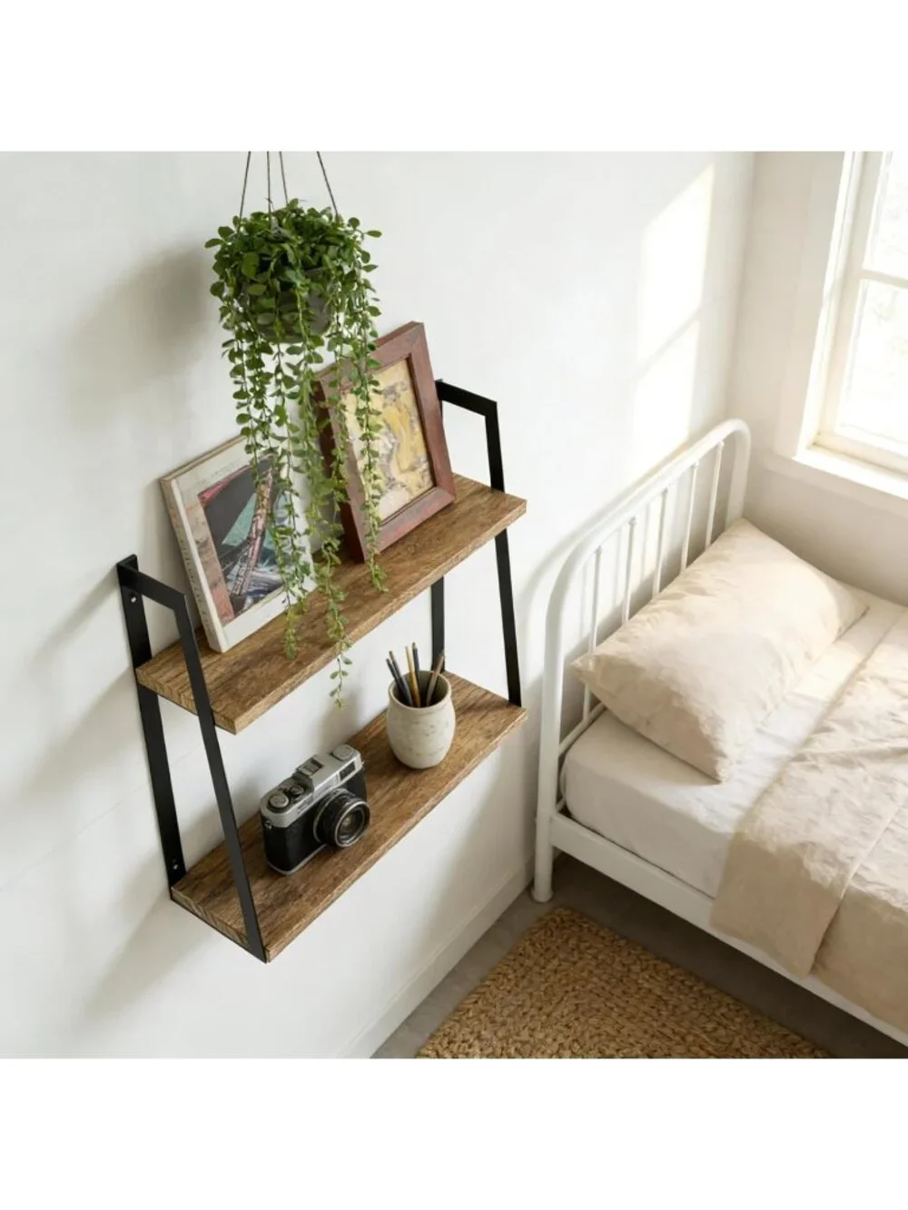New 2-Tier Rustic Wood Floating Wall Shelves Carbonized Black